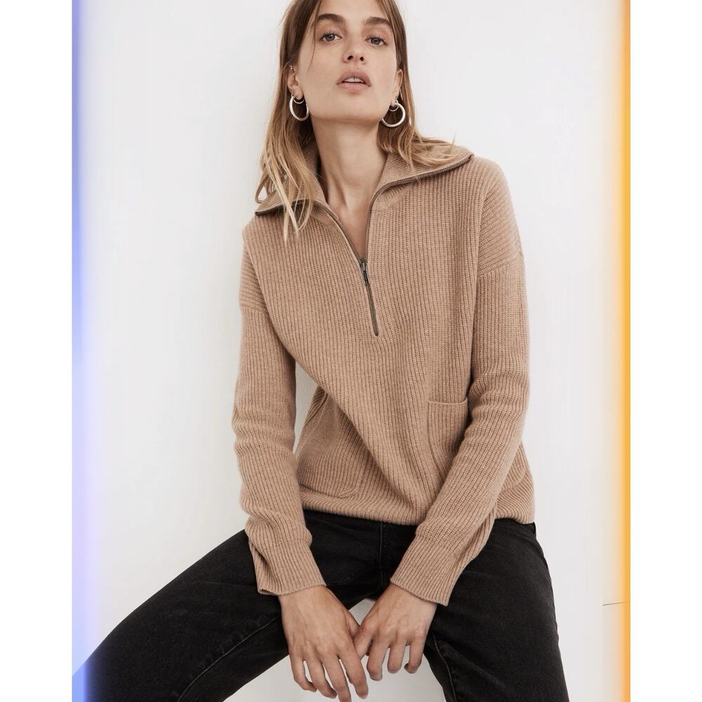 Madewell Glenbrook Half Zip Pullover Sweater XS Merino Wool Blend Camel Tan NWT